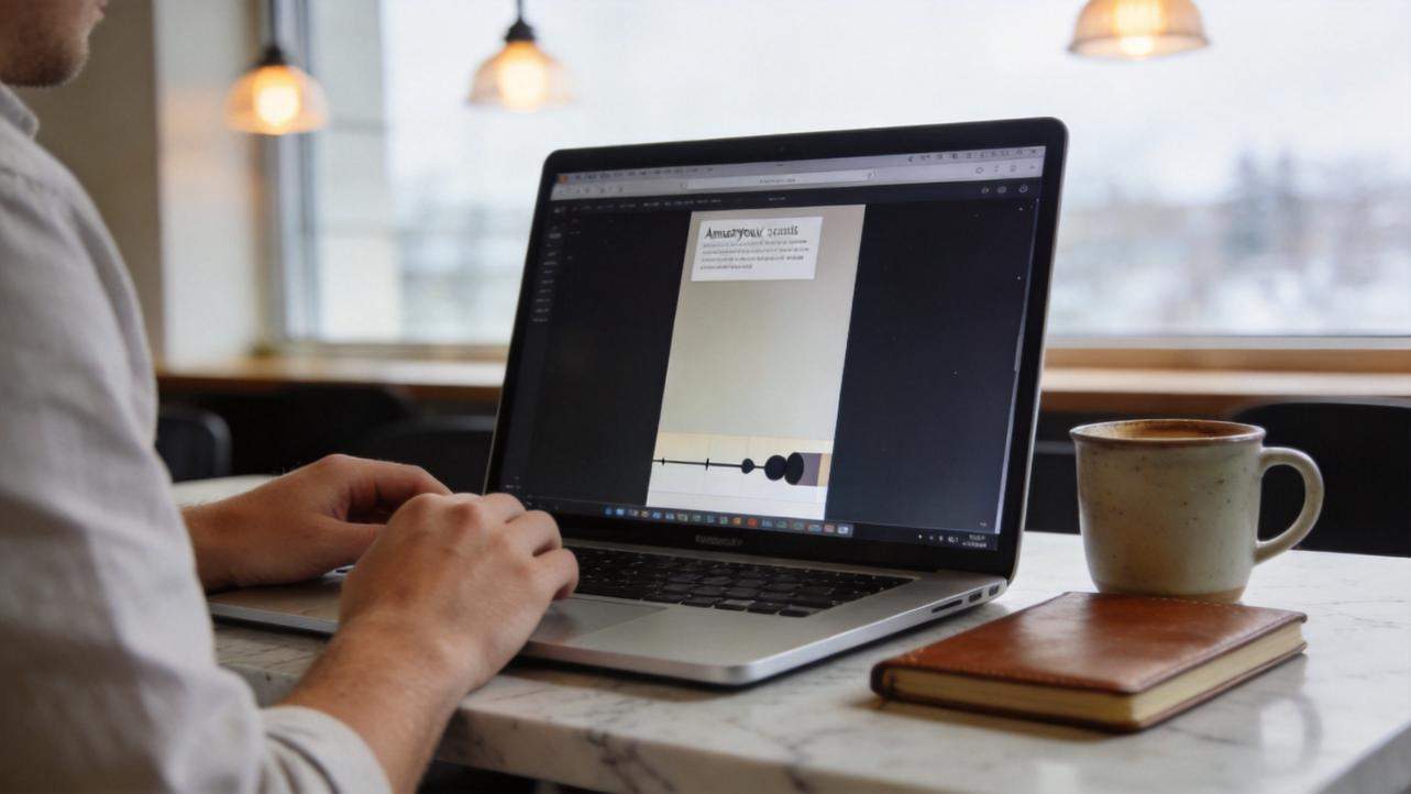Person using a laptop with a video editing interface open on the screen beside a mug and notebook