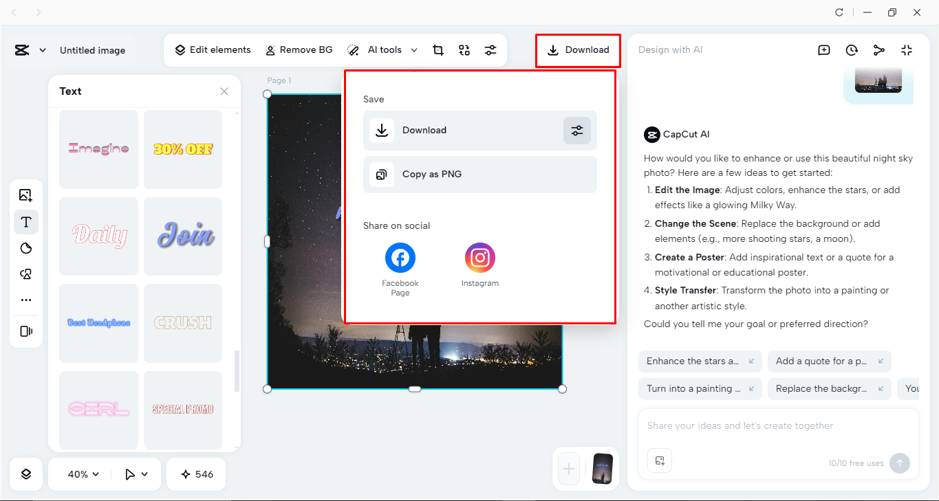 Exporting the image from the CapCut desktop video editor