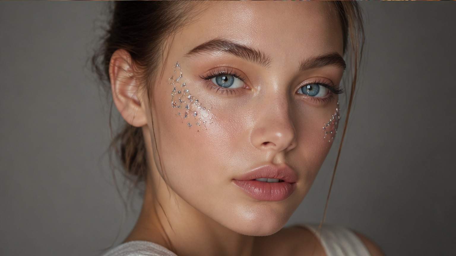 Natural studio portrait of a fictional adult AI Skin Gems Filter