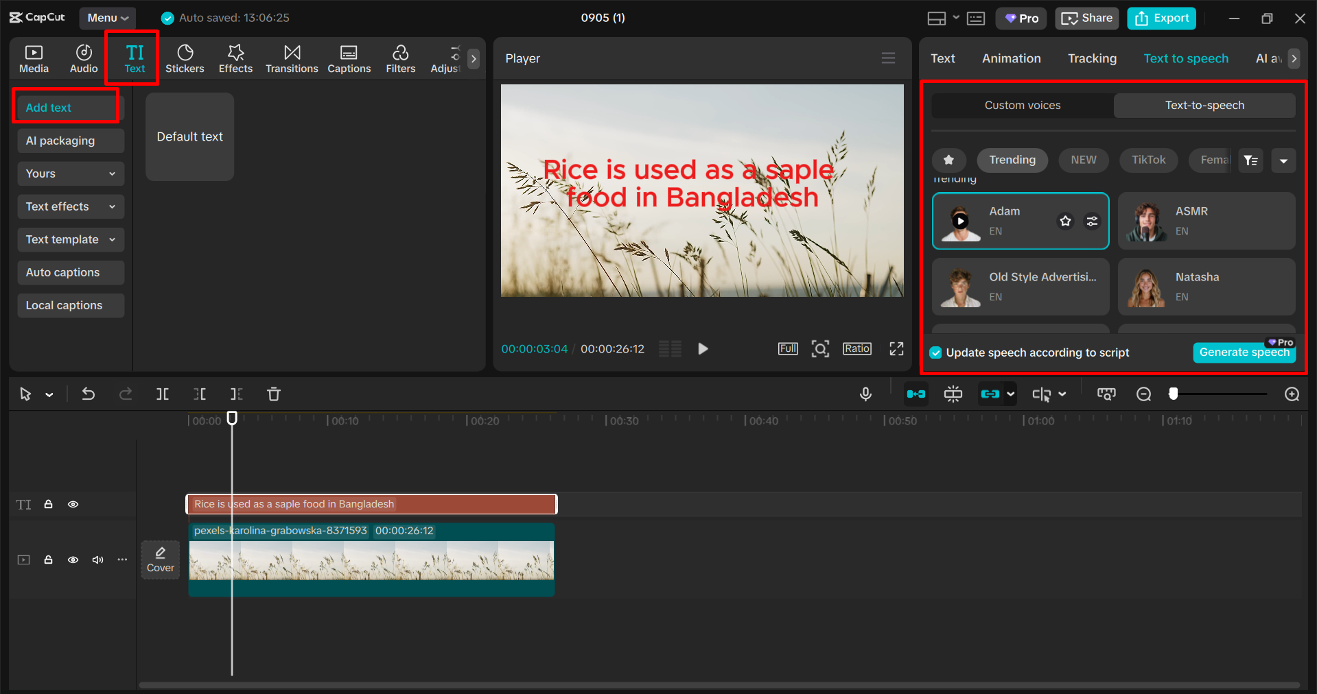 Přidání hlasového přenosu v editoru videa CapCut