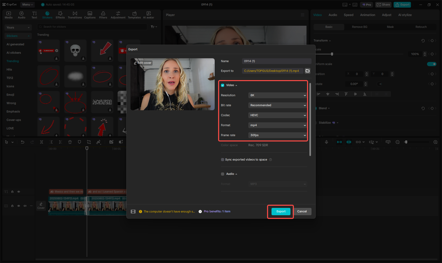 Export the final video