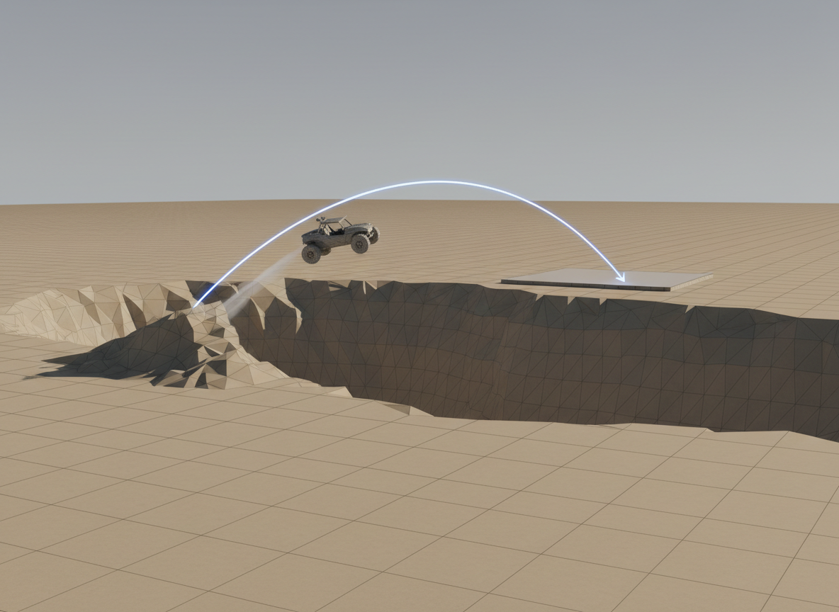 4:3 image: plate‑like scene with clear jump arc, neutral lighting for film VFX previz.