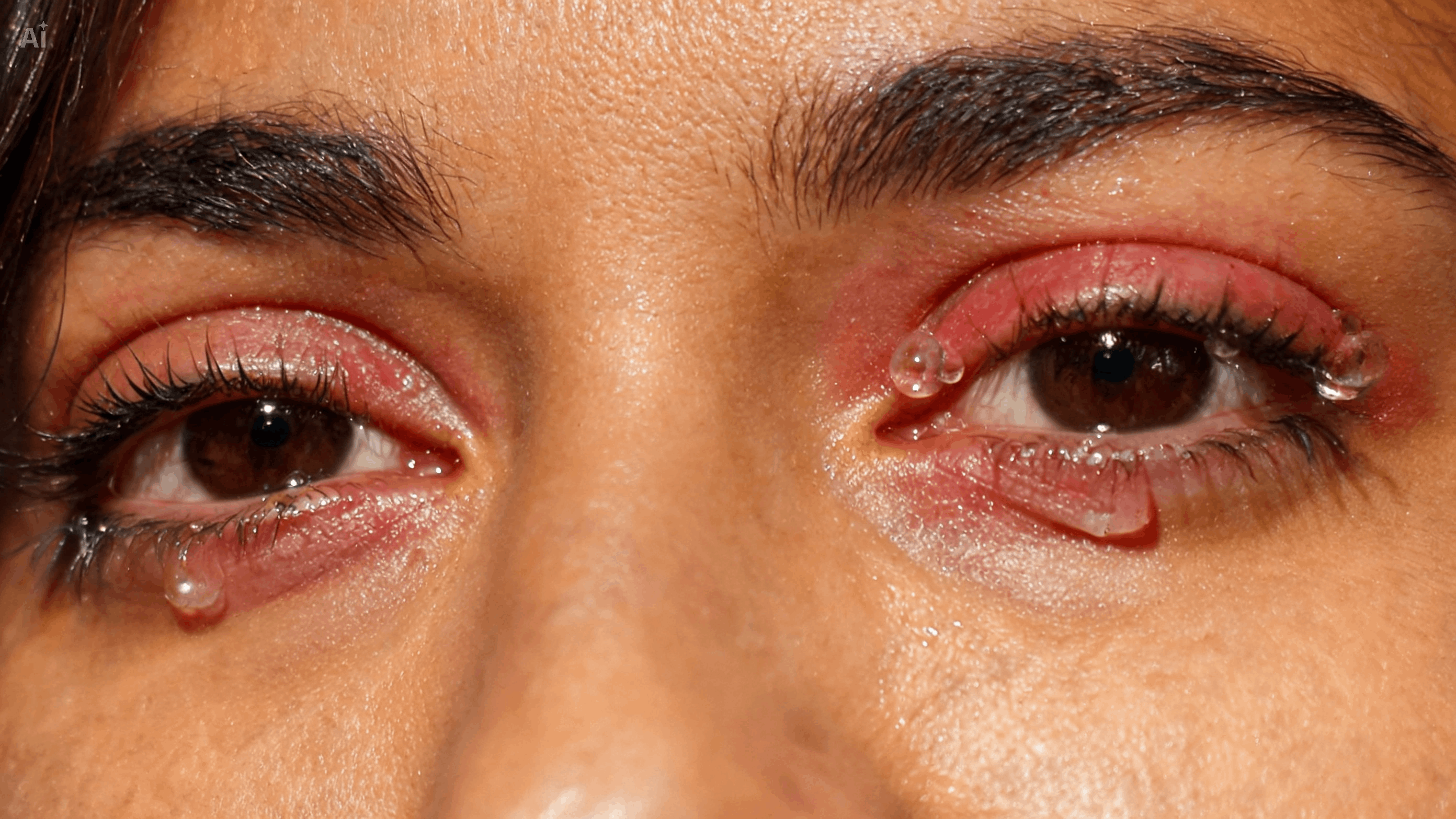 Vista previa Ojos rojos y piel húmeda juntos