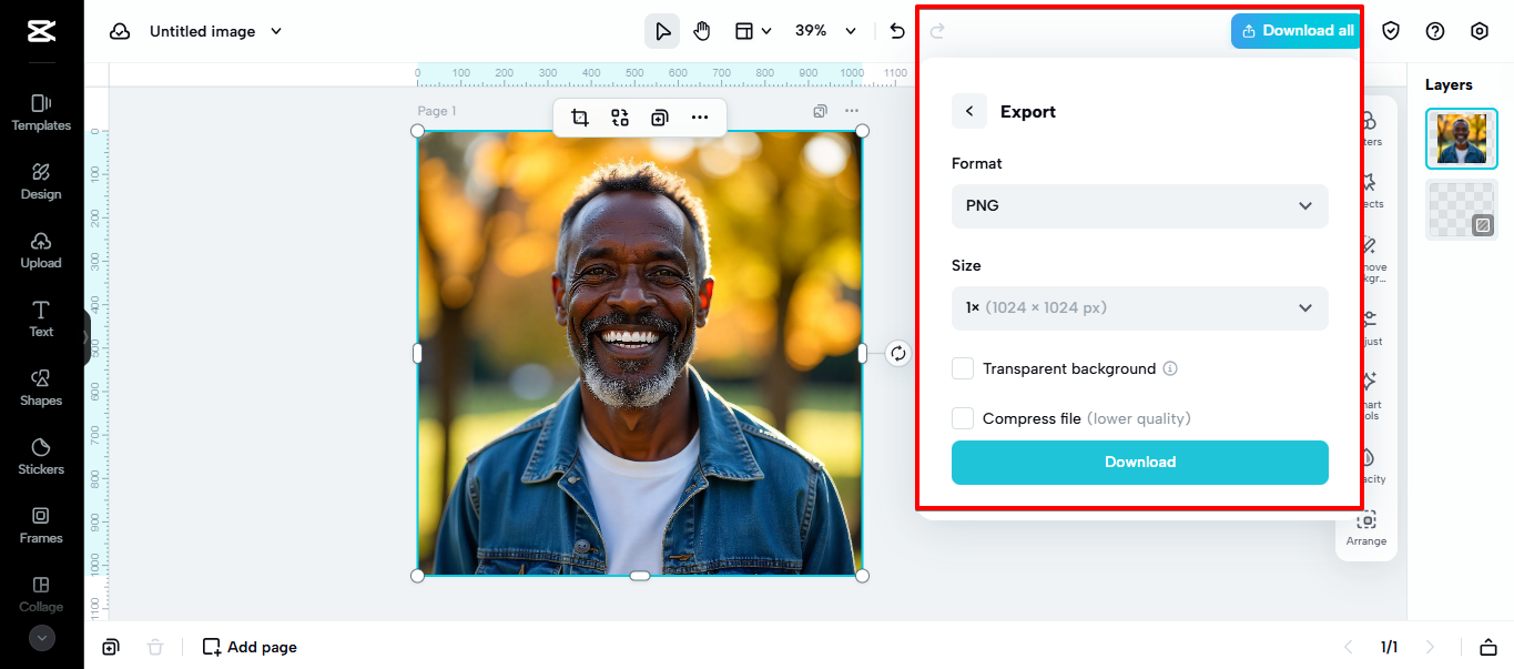 Exporting image from CapCut Web