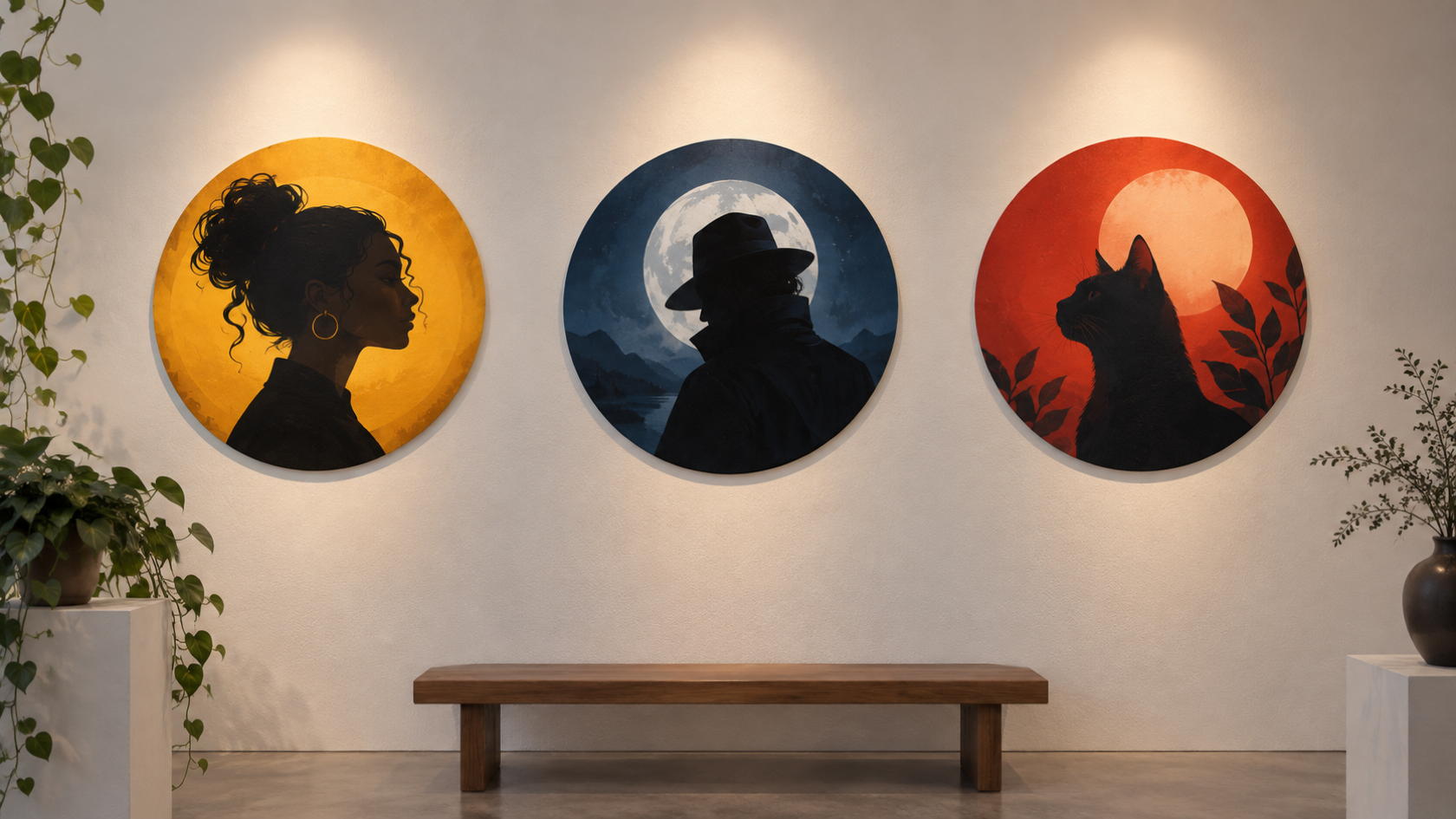 Three small original portrait art prints with distinct silhouettes and high background contrast