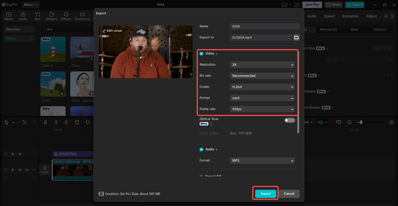 Exporting the video in CapCut