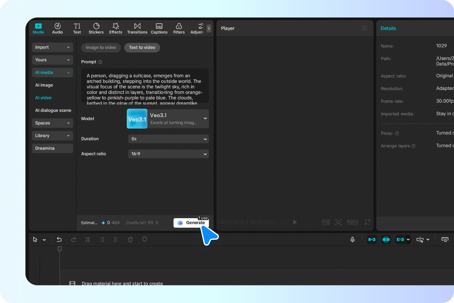 Accessing the AI text-to-video generator in CapCut.