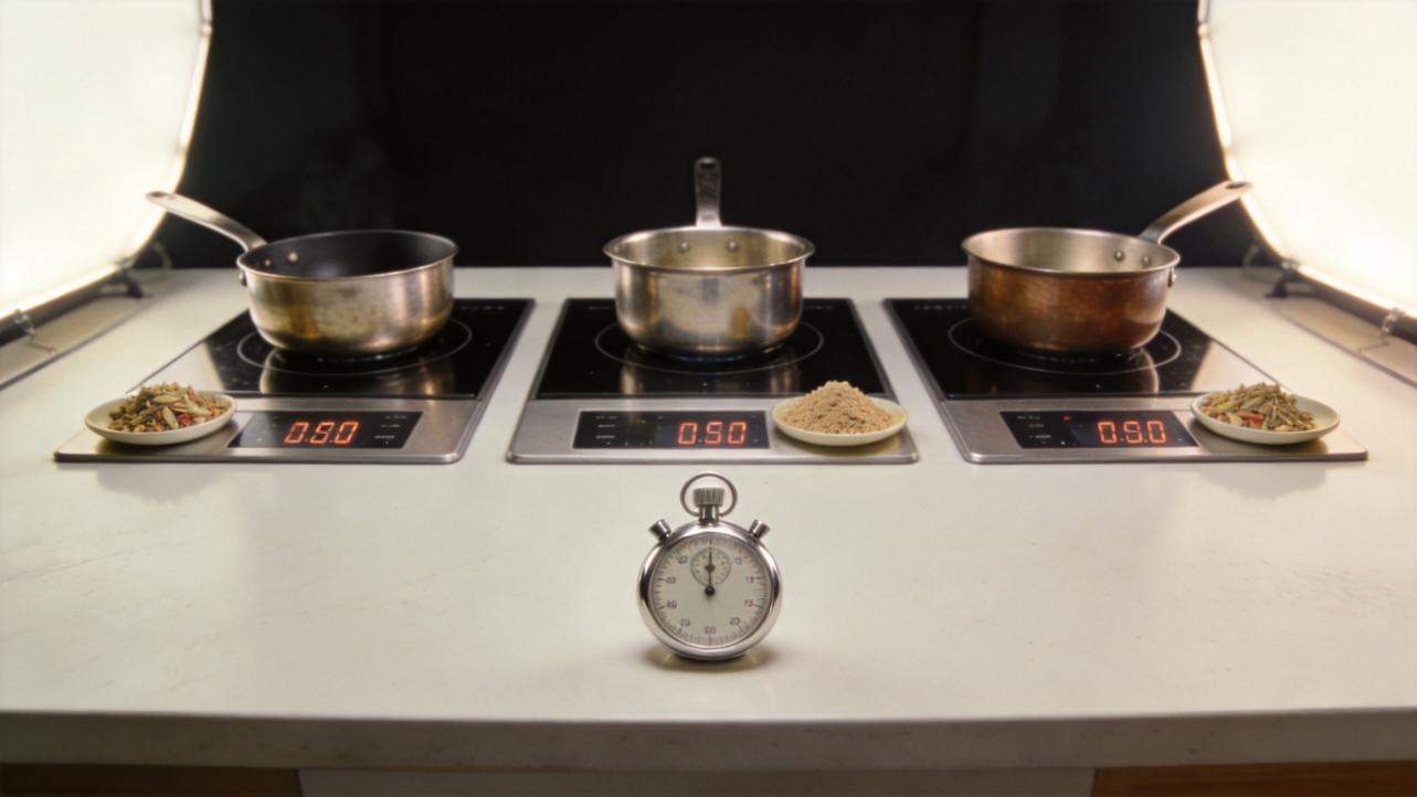 Three pans on induction cooktops with ingredients and a stopwatch on a table in front