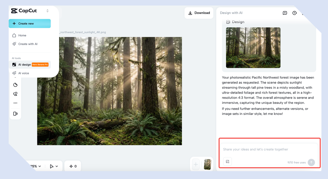 Enter as specific instructions as possible in the dialogue box of AI design