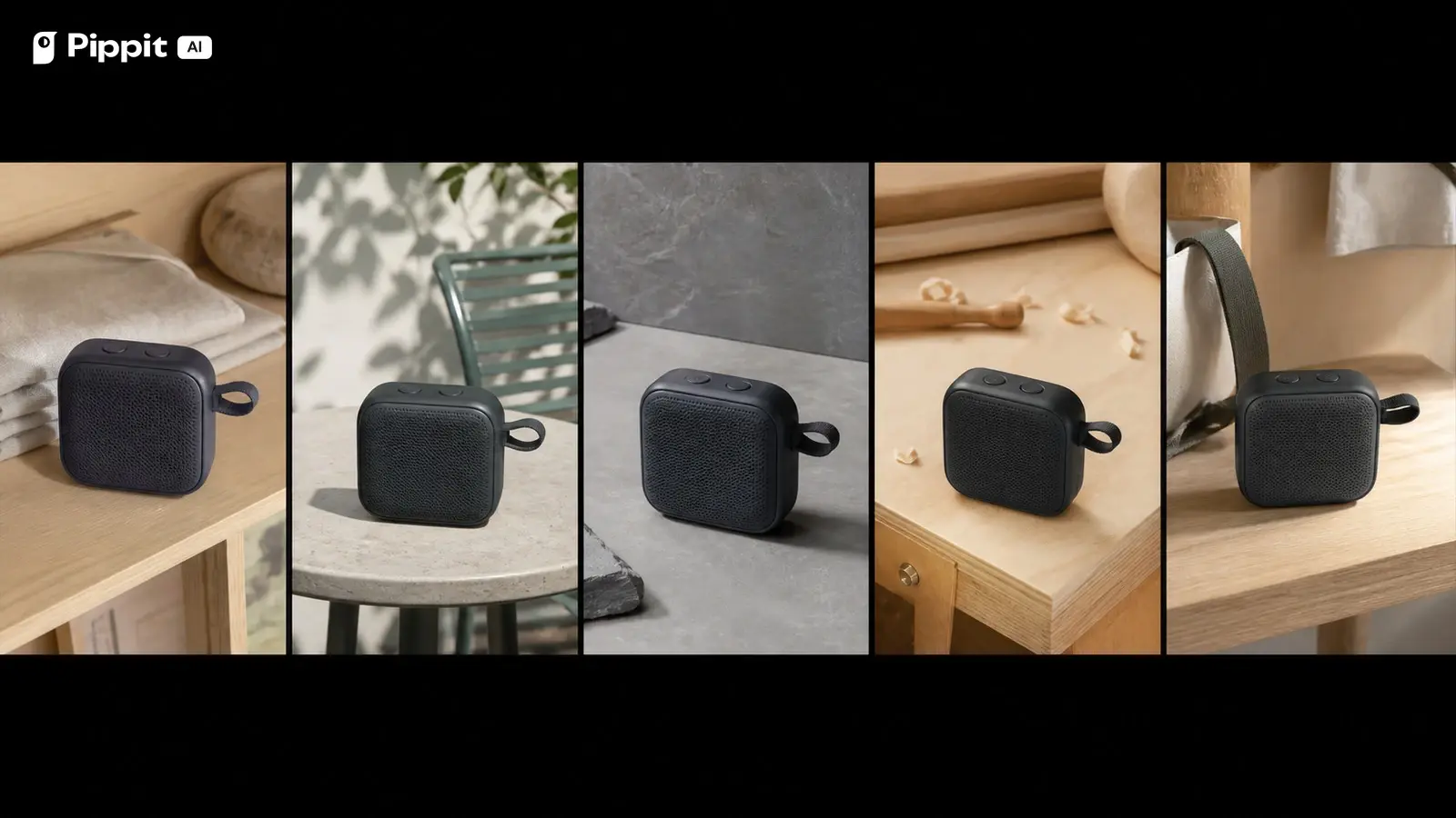 Five non neon scenes show one wireless speaker in home, patio, material, workshop, and travel settings.
