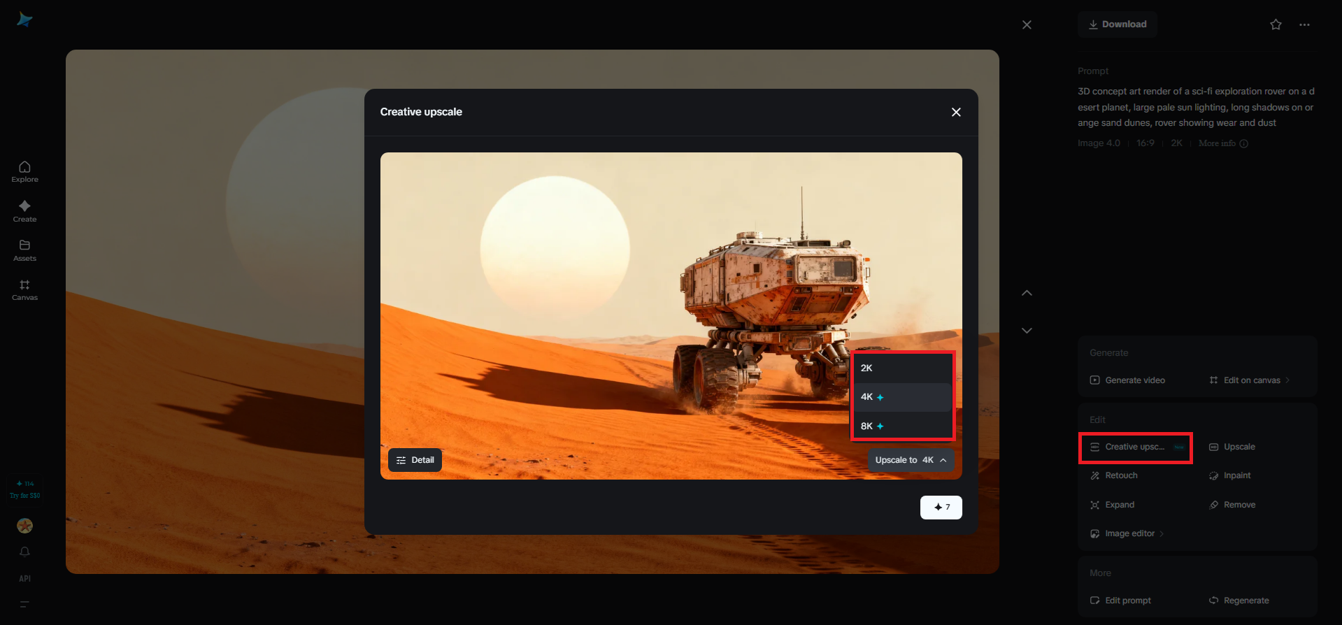 Creative upscale feature in Dreamina