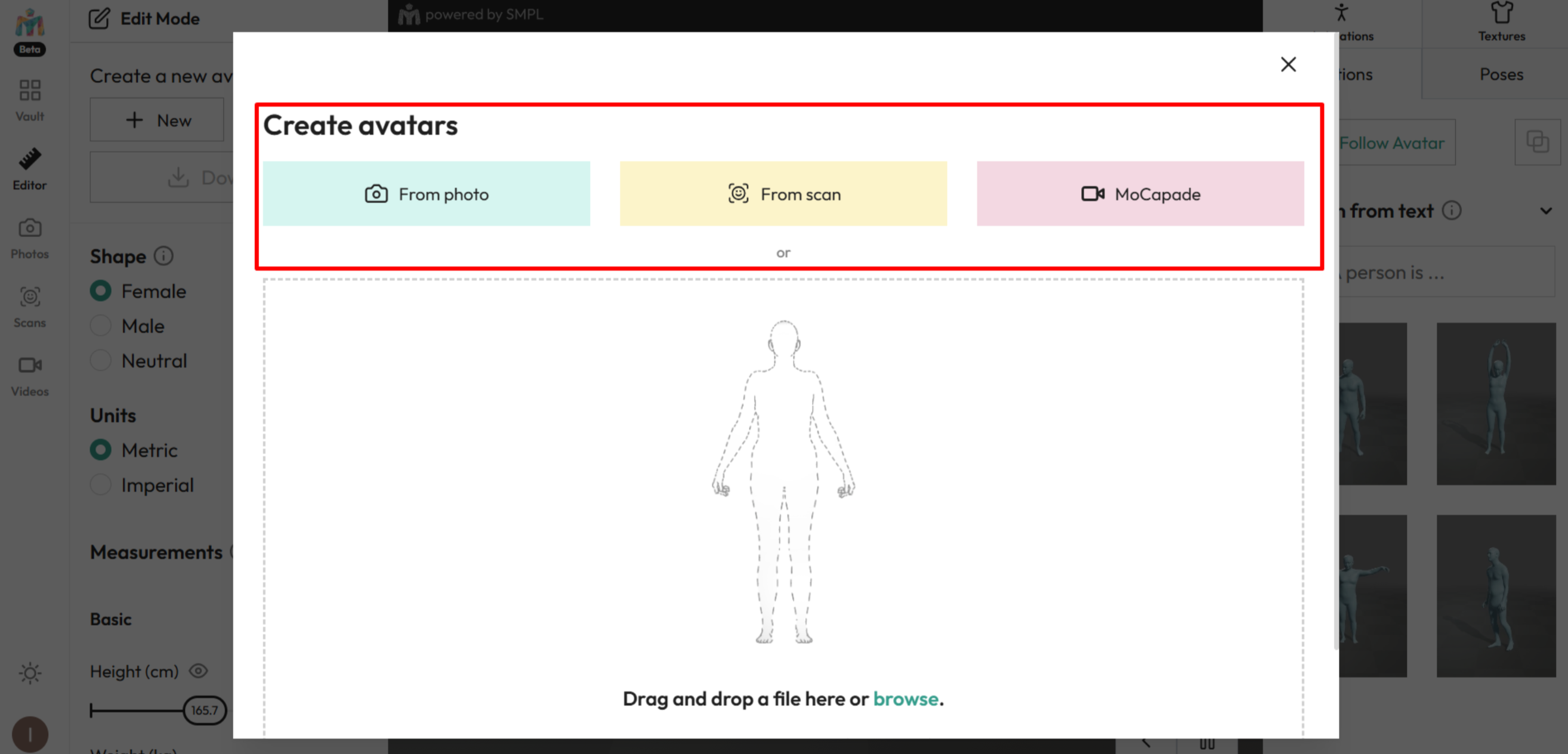 Selectarea metodei de introducere în Meshcapade