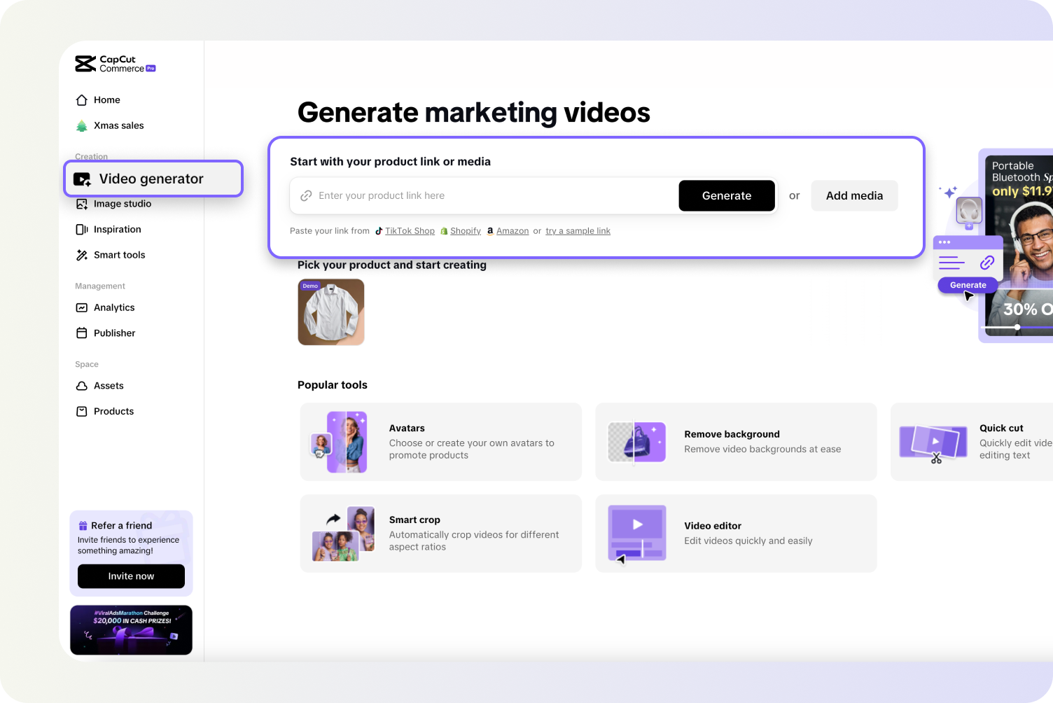 Pippit's 'Link to Video' interface, showing a field to paste a URL and a 'Generate' button.