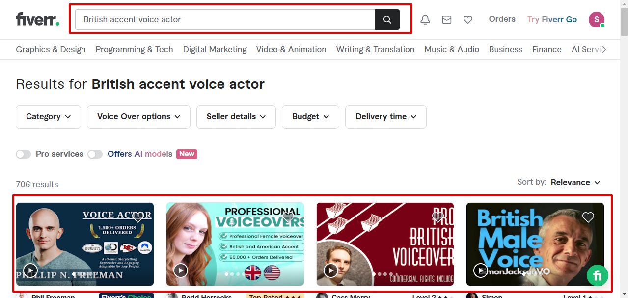 searching for British voice actors in fiverr
