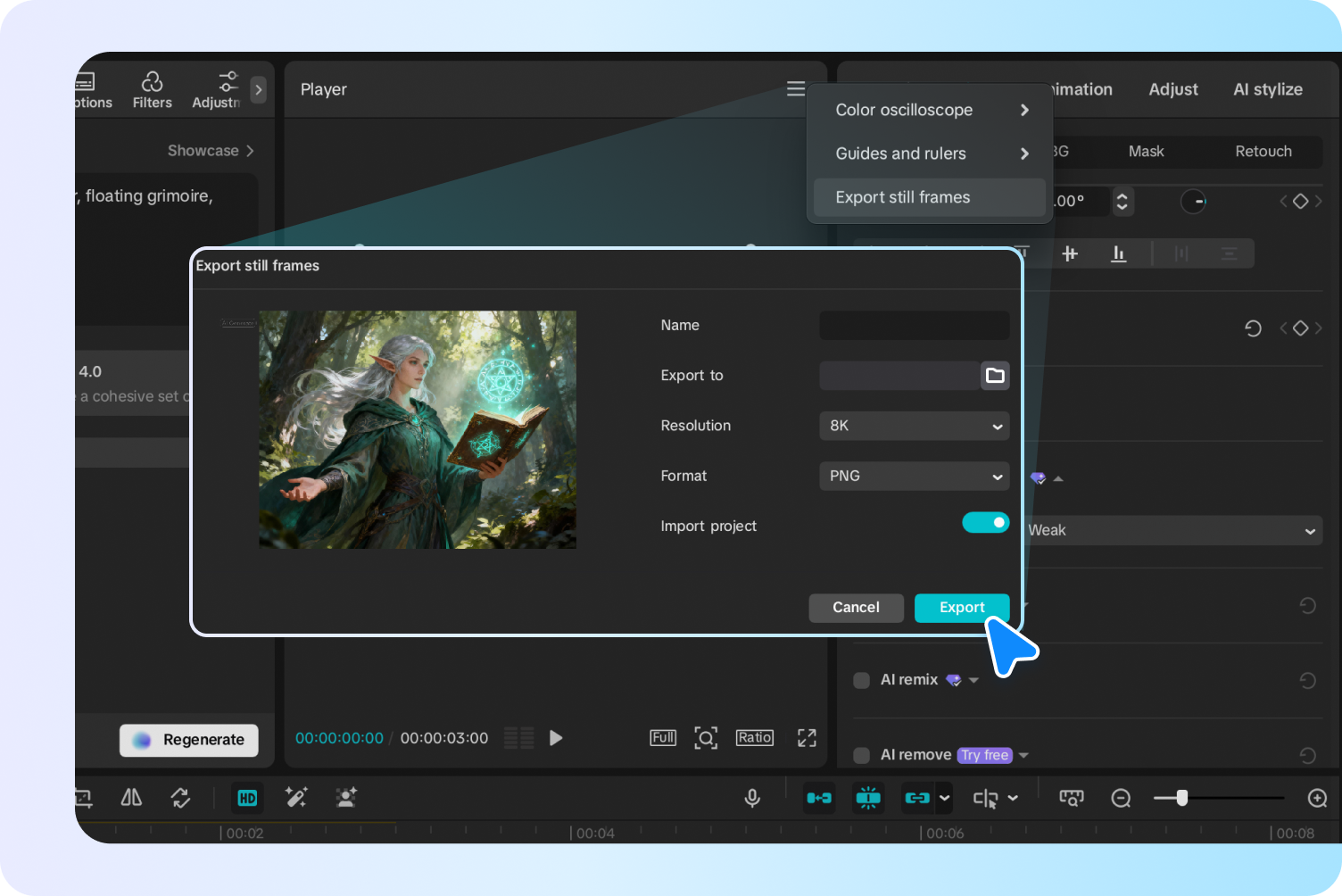 Exporting the final image from CapCut's AI picture generator 