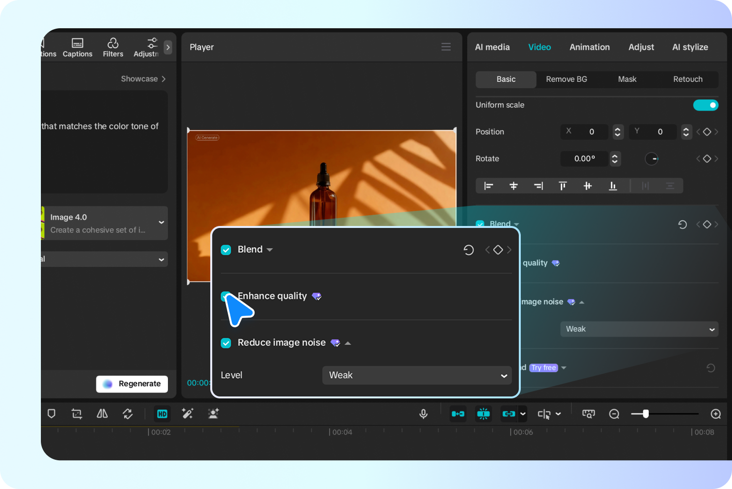 CapCut AI által generált háttérszerkesztés automatikus beállítási eszközökkel