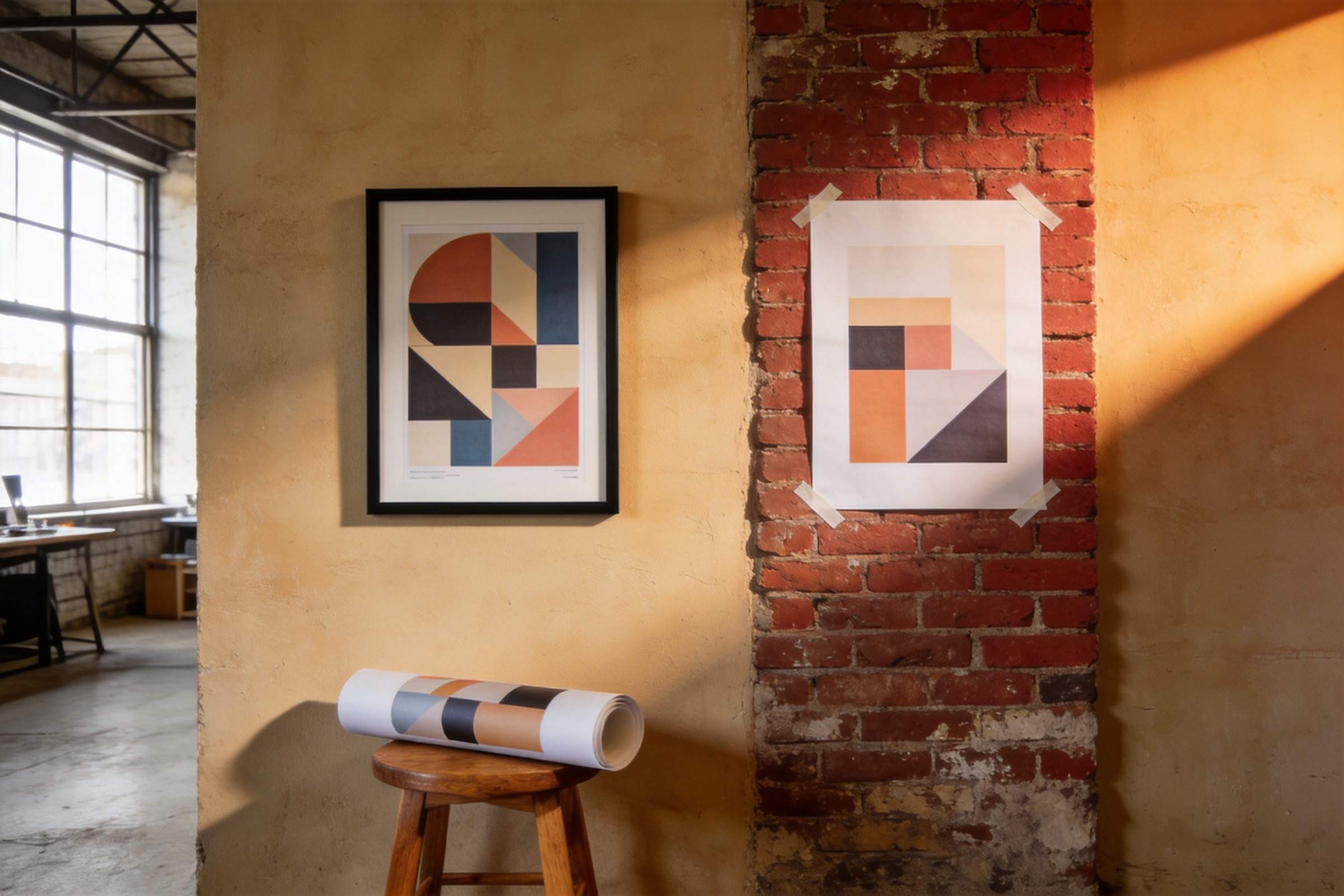 Two geometric poster mockups on a wall, with a framed print, taped print, and rolled poster on a stool