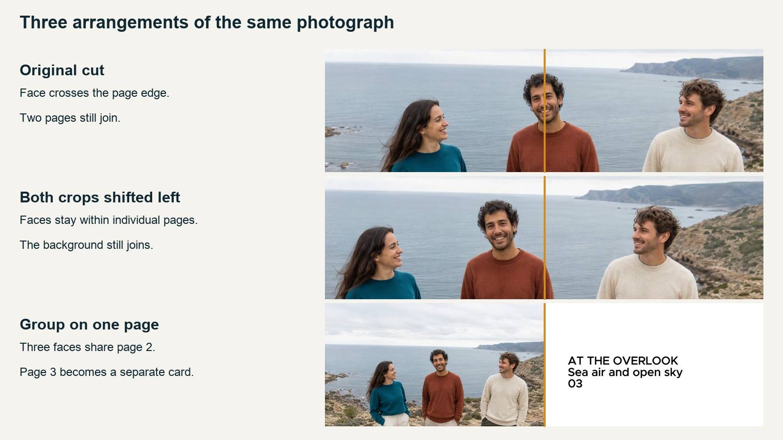 Three rows compare original, shifted, and single-page arrangements using the same group photograph.