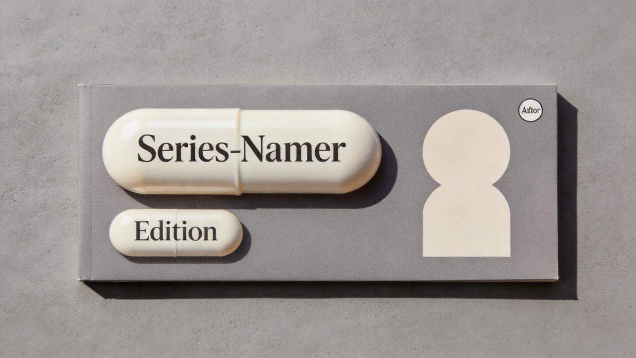 Gray newsletter mockup with pill-shaped labels reading Series-Namer and Edition beside a simple avatar icon