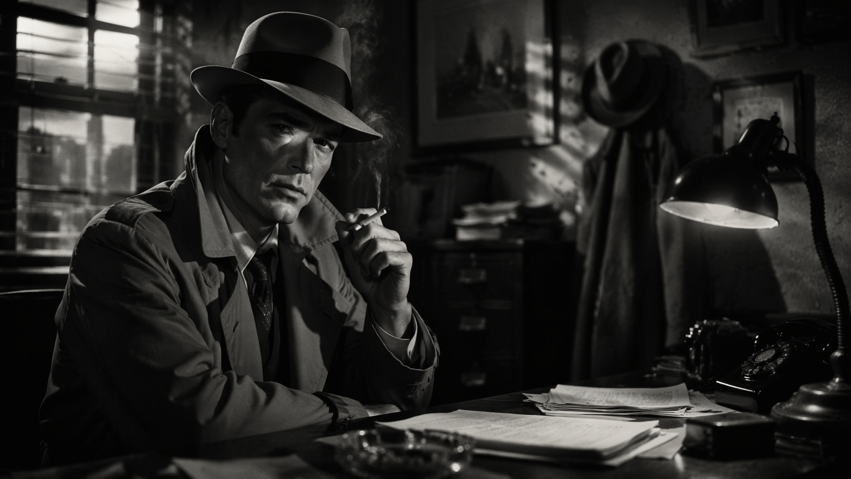 Dreamina Film Noir Filter Prompt Beispiel 3: Detektiv Büro Stimmung