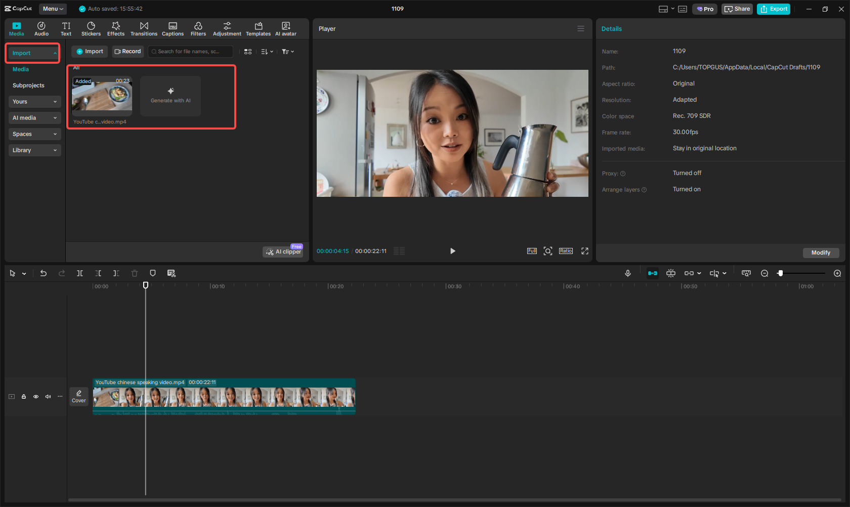 Import the video to the CapCut interface