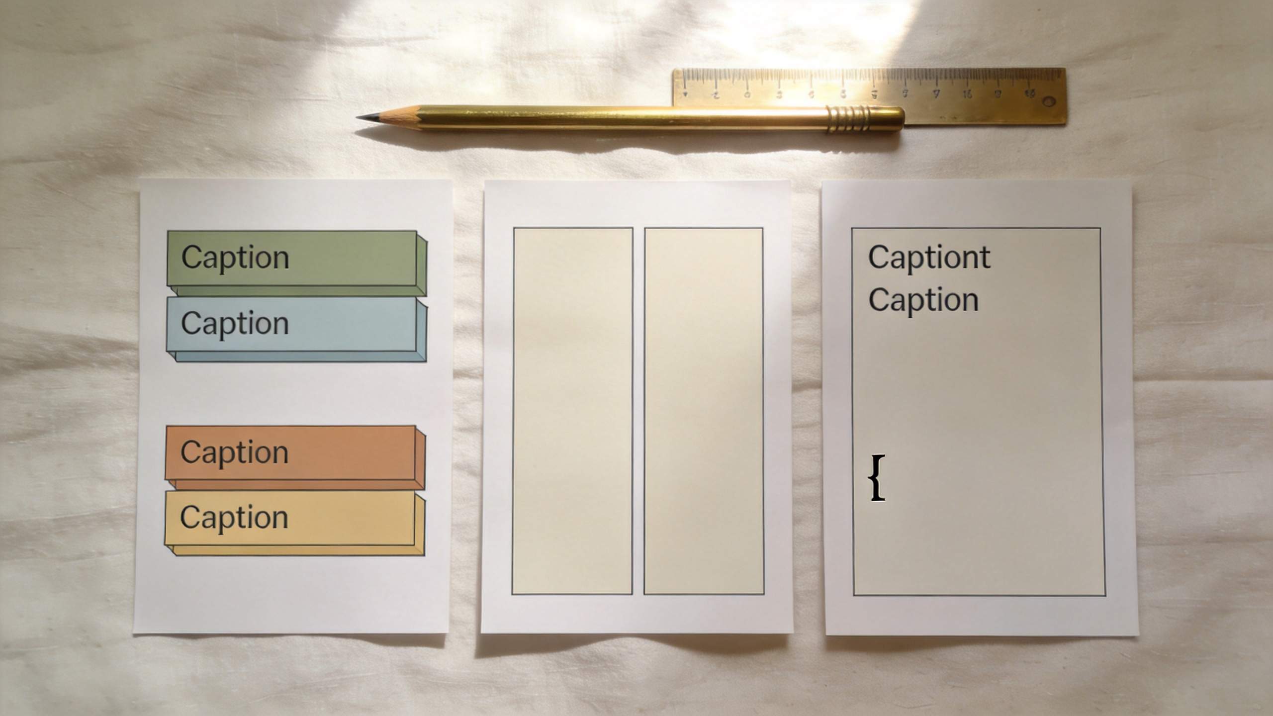 Three paper mockups showing caption layouts, with a pencil and ruler above