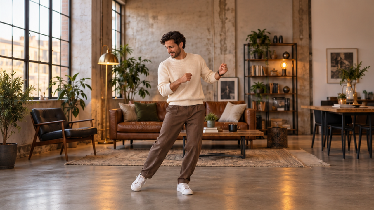 Premium photorealistic 16:9 STILL keyframe, original adult man cream knit cocoa trousers relaxed side-step shoulder groove in spacious warm loft, friendly face compact hand gesture, whole head and both shoes fully visible with margins, golden window light rich wood dry floor, no rain text logos watermark.