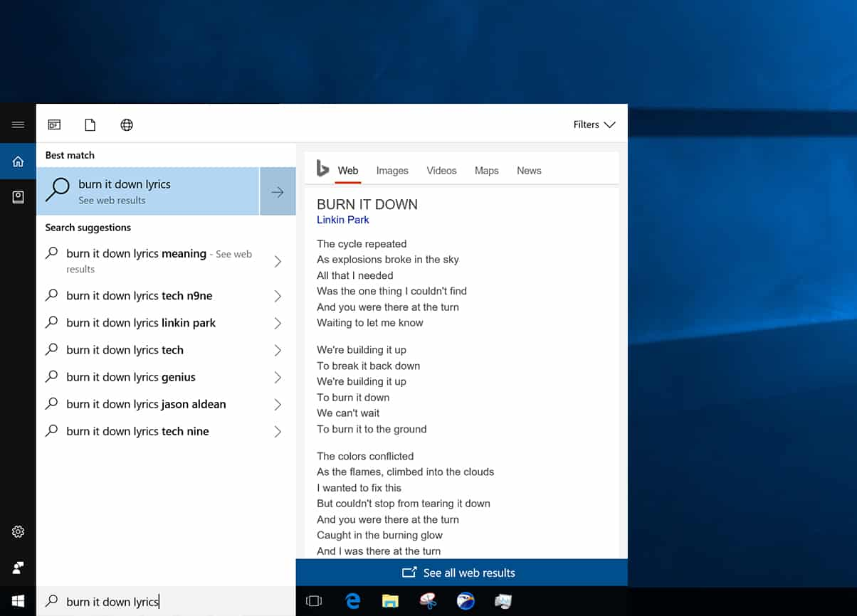 Найдите песню с частичным текстовым поиском через Cortana.
