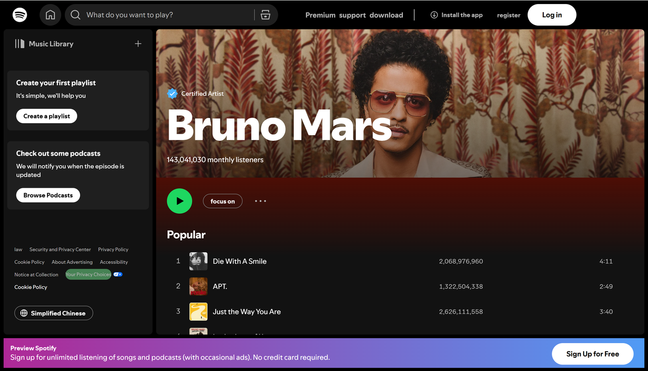 Bruno Mars - en av de tre mest lyssnade artisterna på Spotify