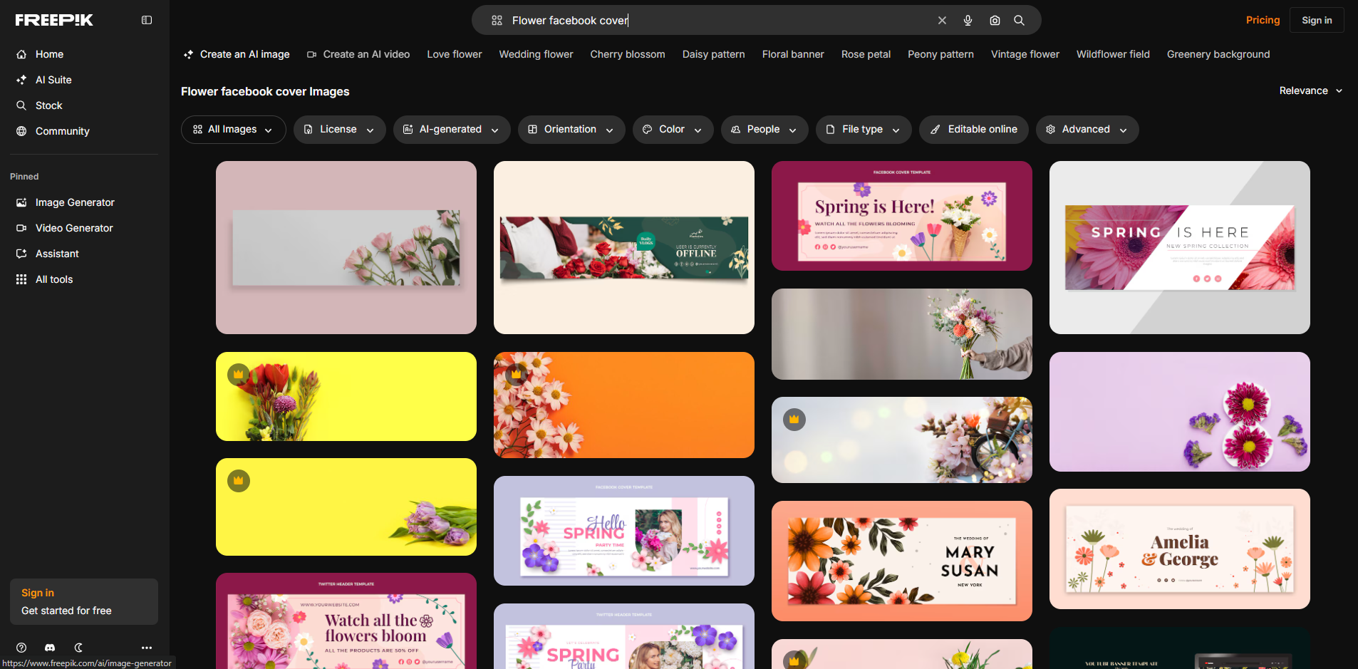 Interface of Freepik - a site with flower Facebook cover photos
