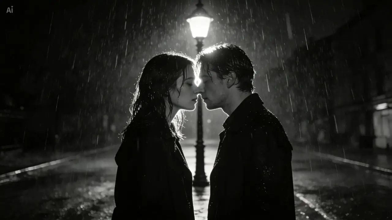 Black-and-white couple stands nose to nose in the rain under a streetlamp.