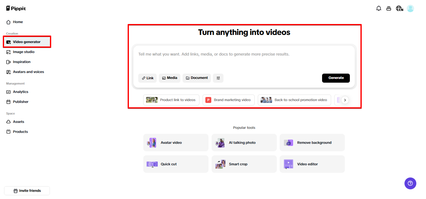 Criador de vídeos do Pippit