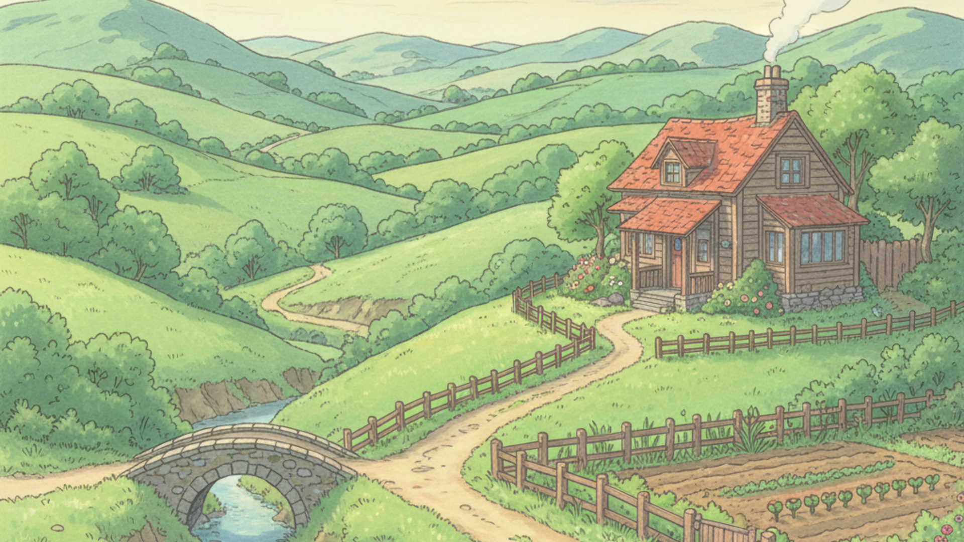 Studio Ghibli-styled rural scenery