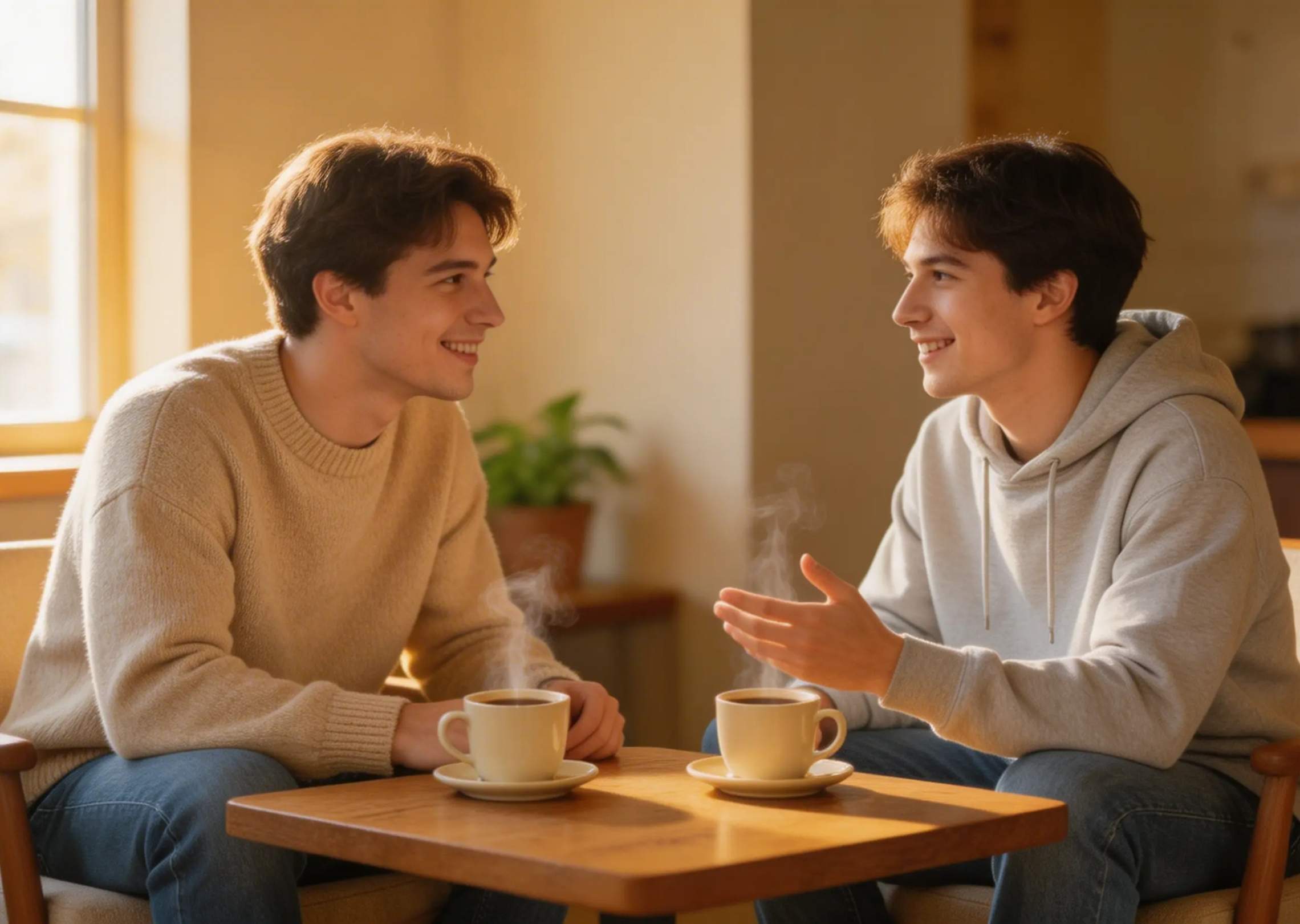 Generate an audio clip of a casual conversation between two friends in a coffee shop