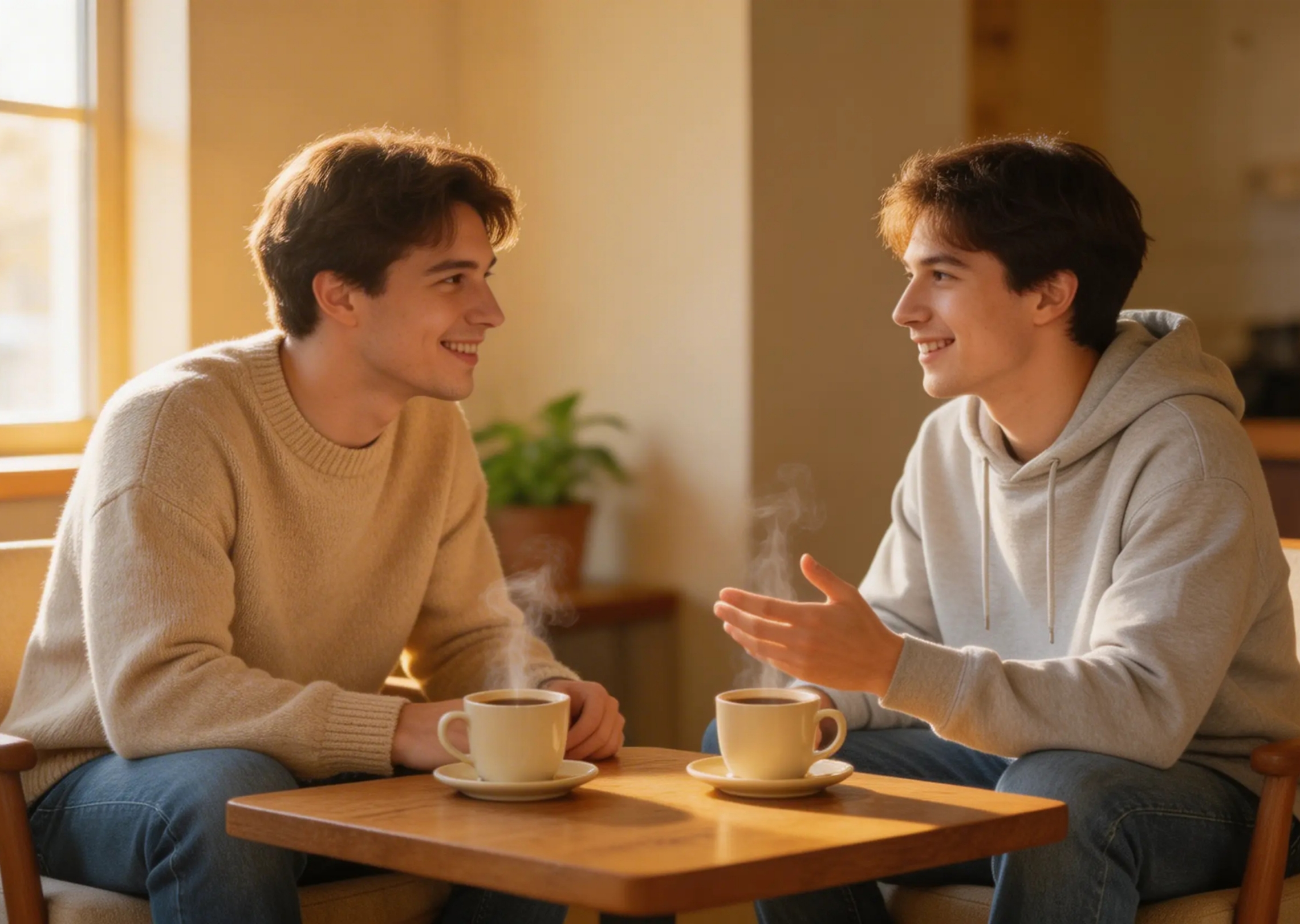 Bir kafede iki arkadaş arasındaki gündelik bir konuşmanın ses klibini oluşturun