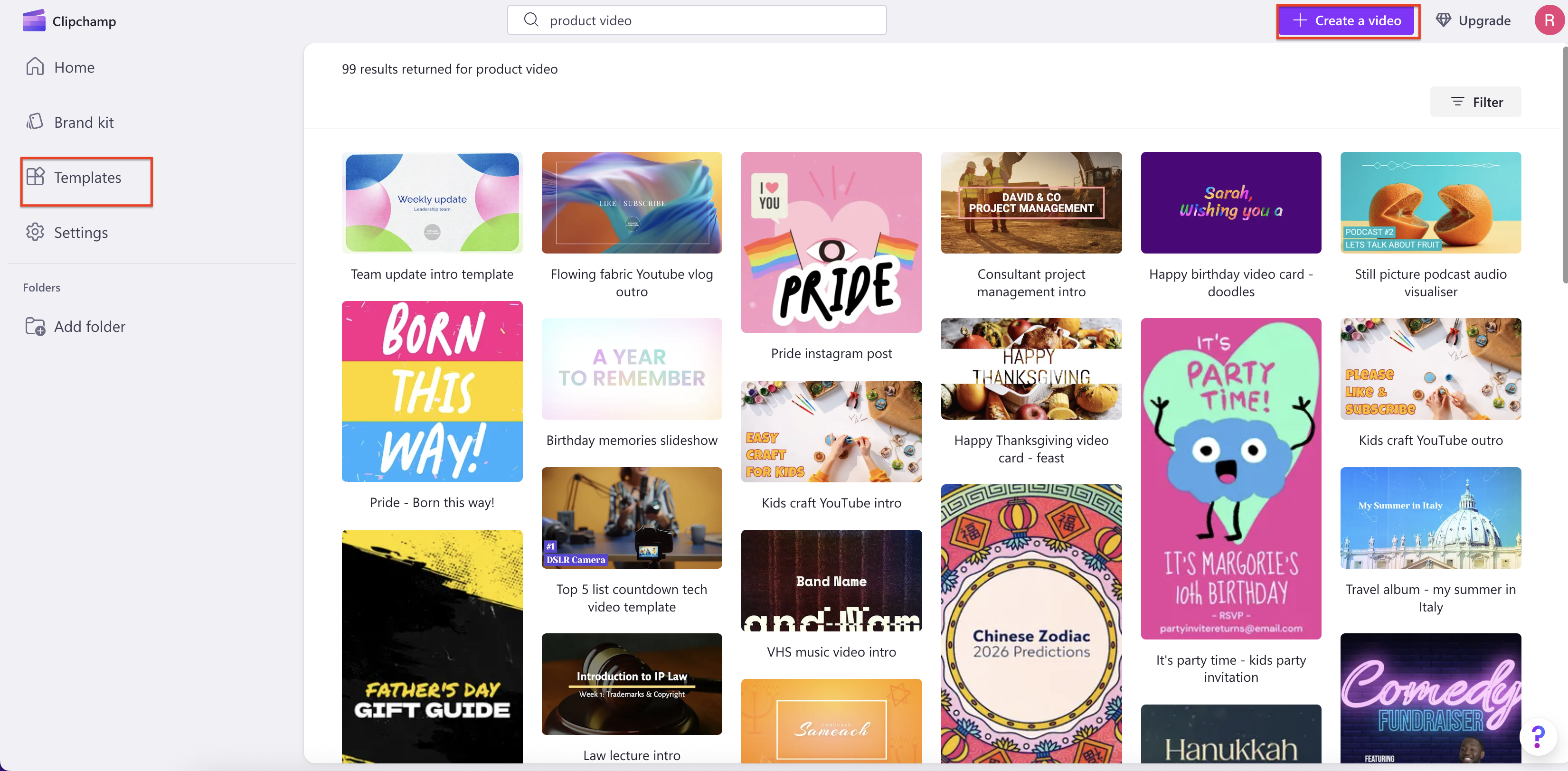 Clipchamp product demo template selection screen
