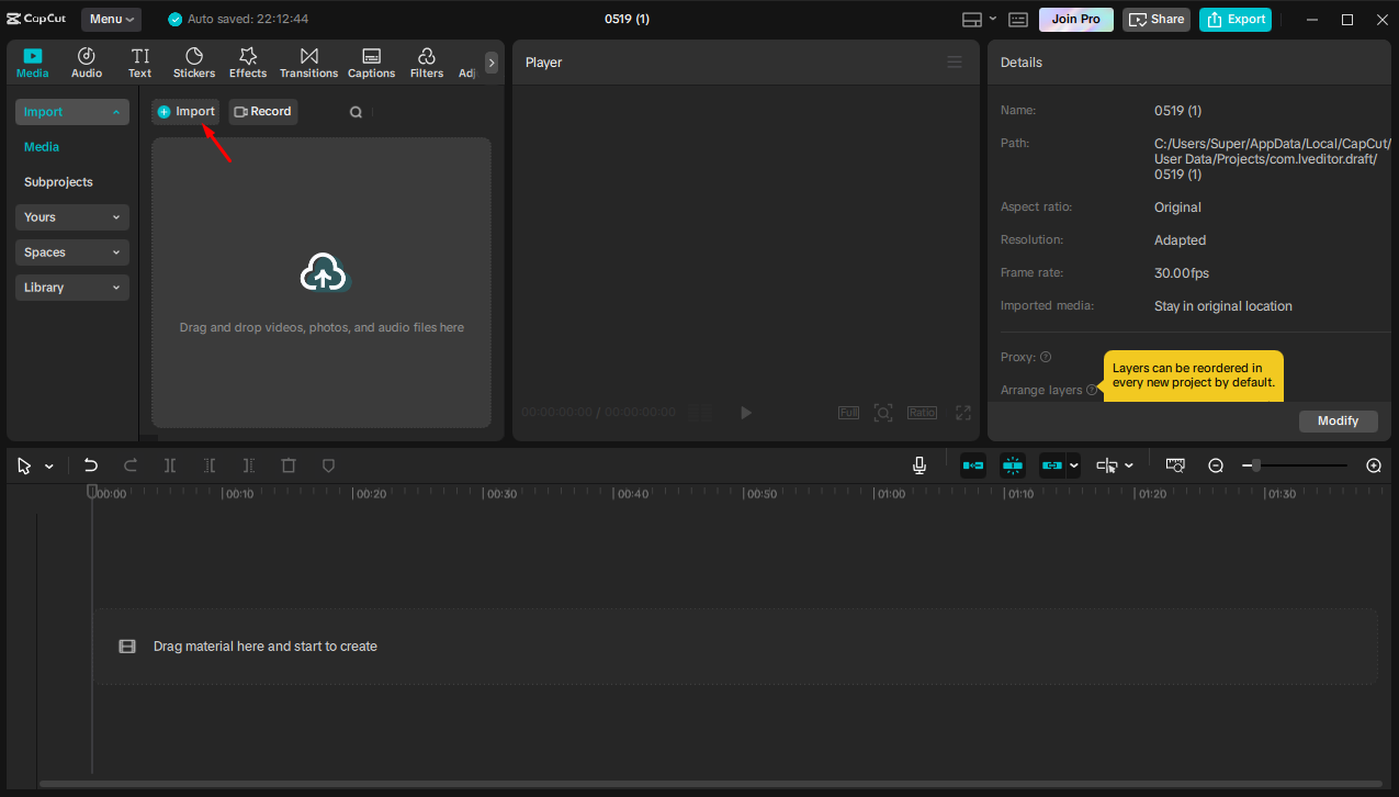 Importing an image in the CapCut desktop video editor