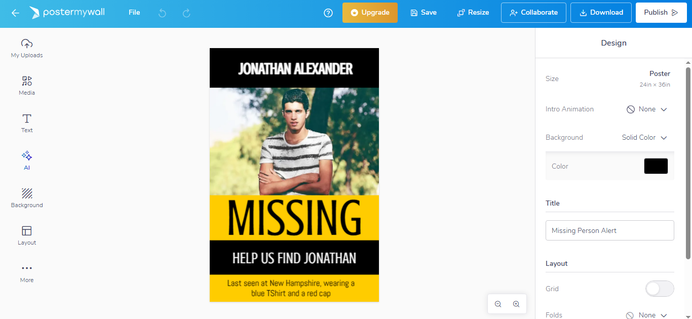 PosterMyWall missing person template