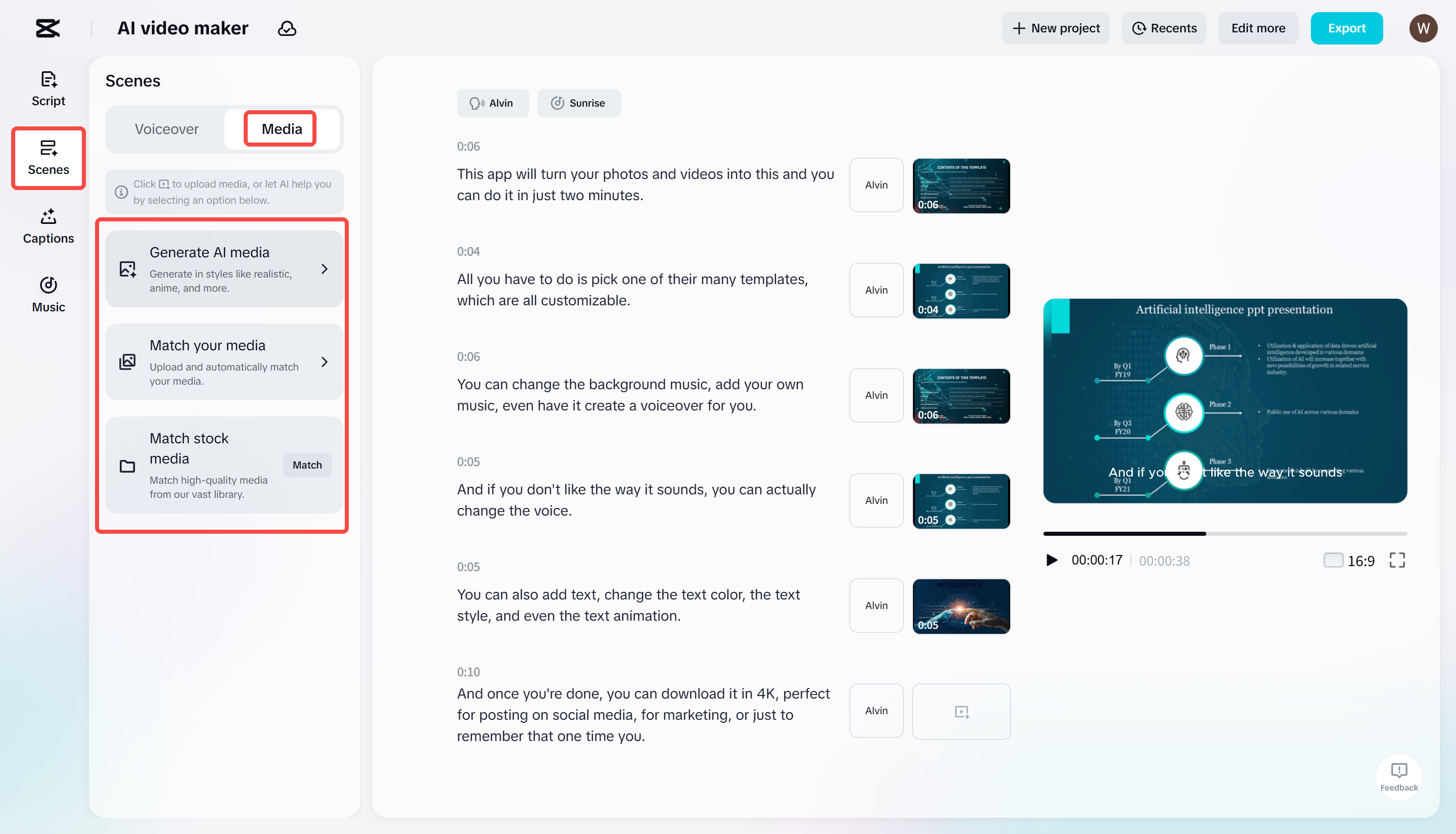Replace the unwanted media in the CapCut AI video maker tool