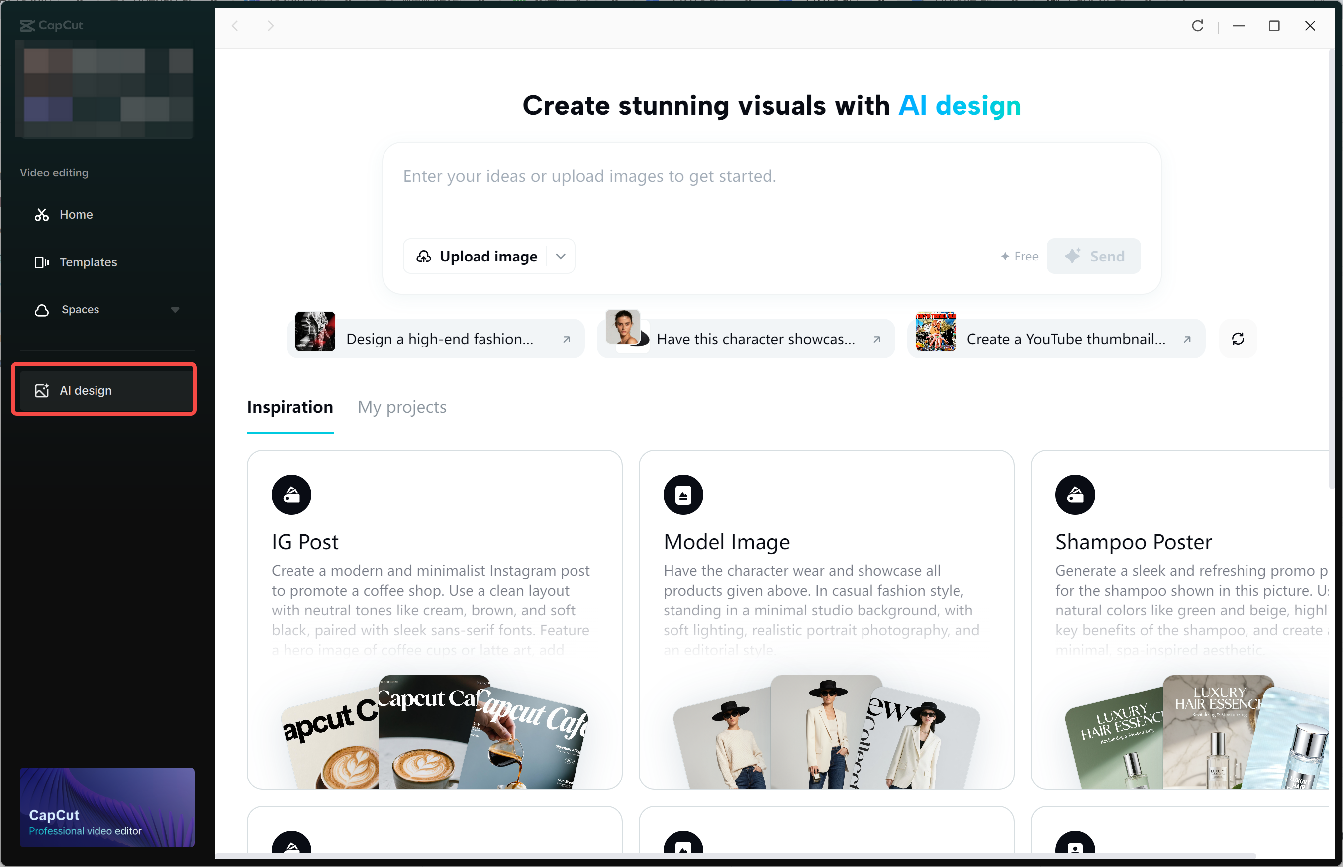 Accessing AI design feature in the CapCut desktop video editor