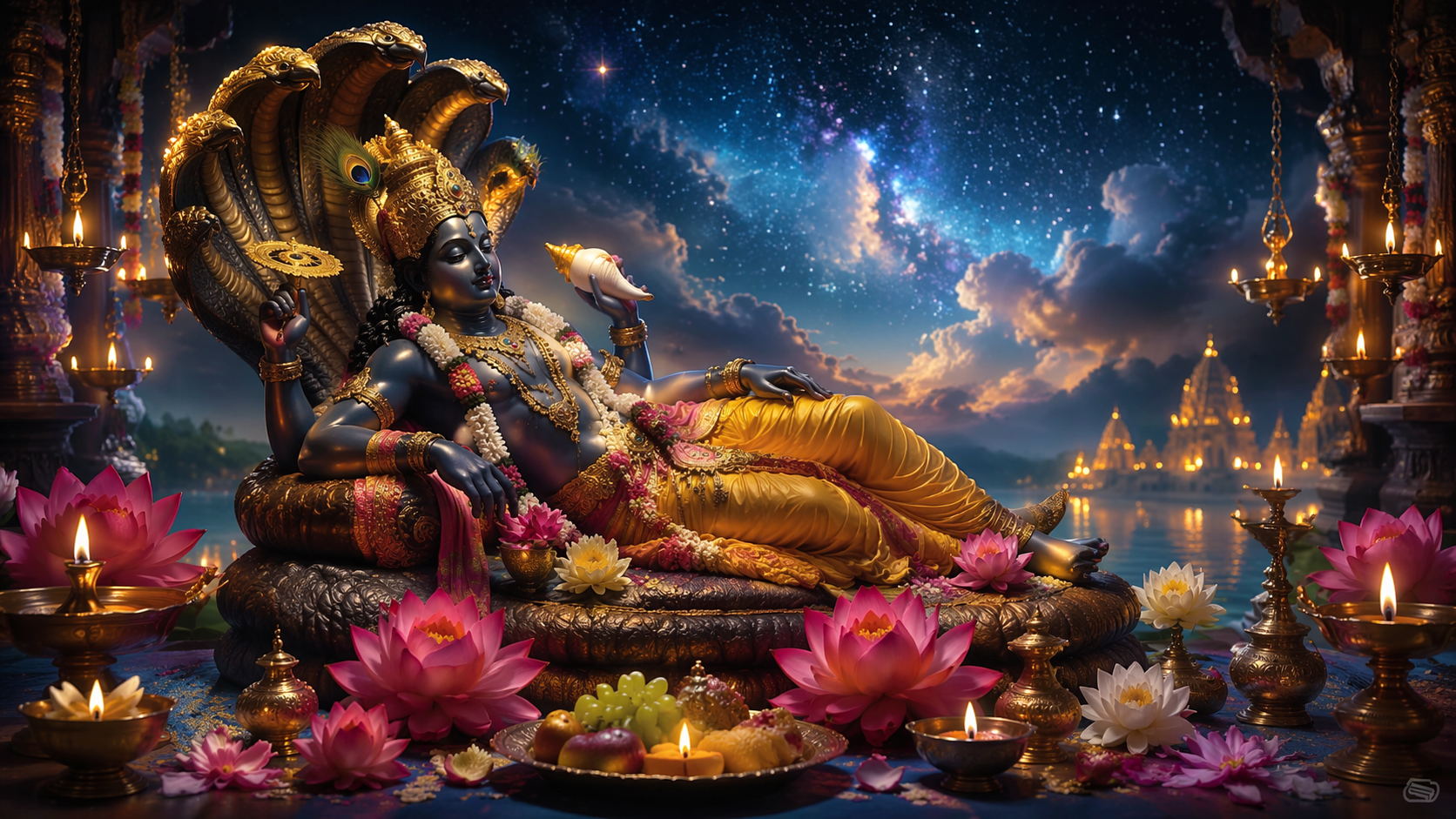 Dreamina Devshayani Ekadashi AI Prompts prompt example 1: Blue Gold Temple Lamps