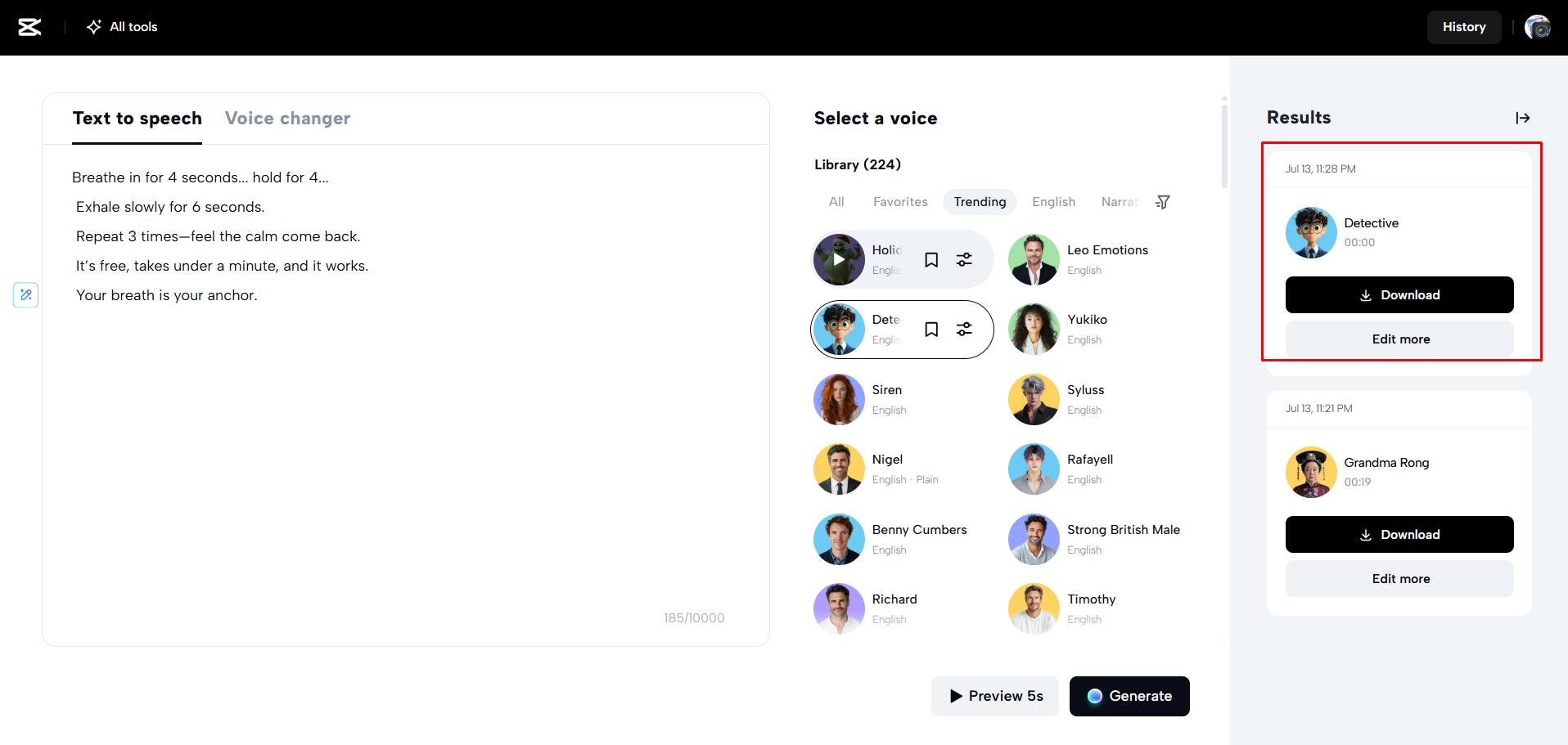 Downloading the audio from CapCut Web