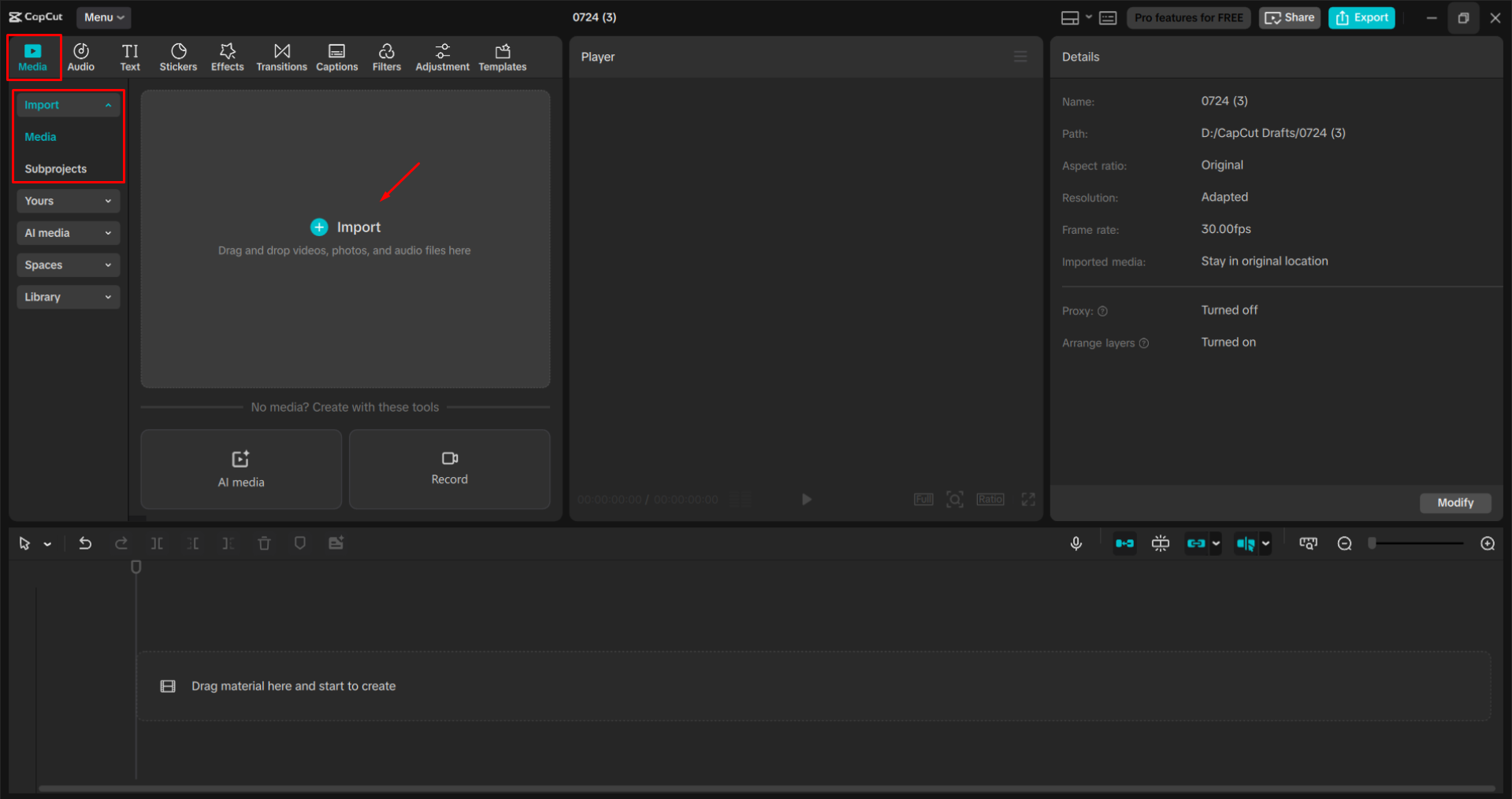 Импорт видео в настольный видеоредактор CapCut