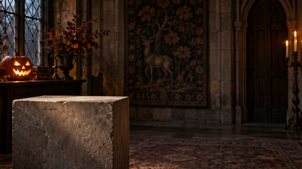 Empty charcoal stone plinth in refined gothic room, restrained pumpkin light, upper-left illumination and blank right-side layout area.