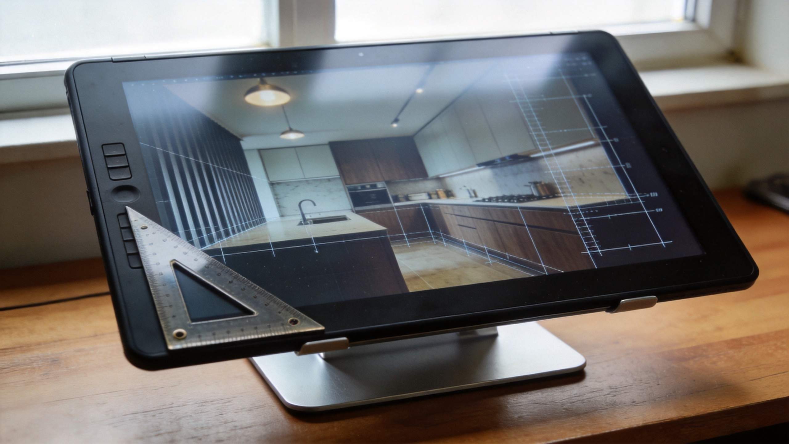 Tablet displaying a kitchen floor plan with drafting tools on the screen