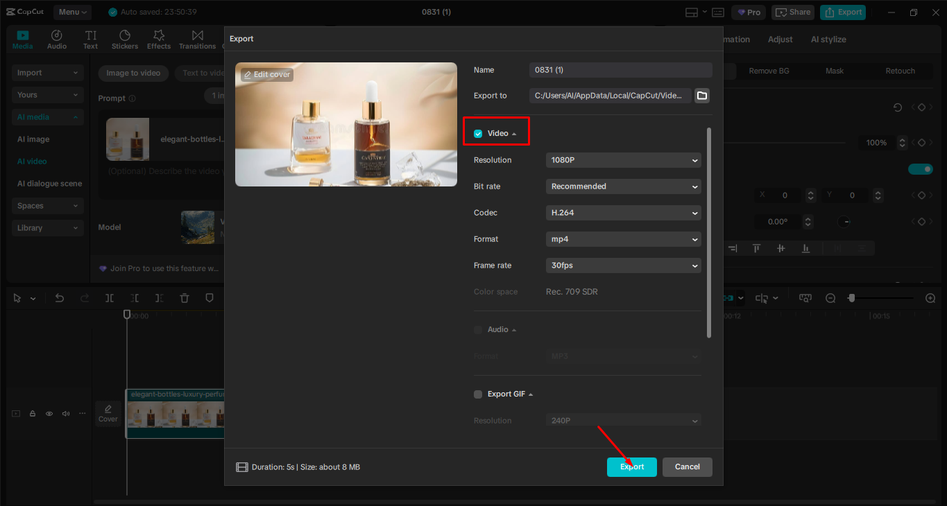 Експорт носія з настільного відеоредактора CapCut