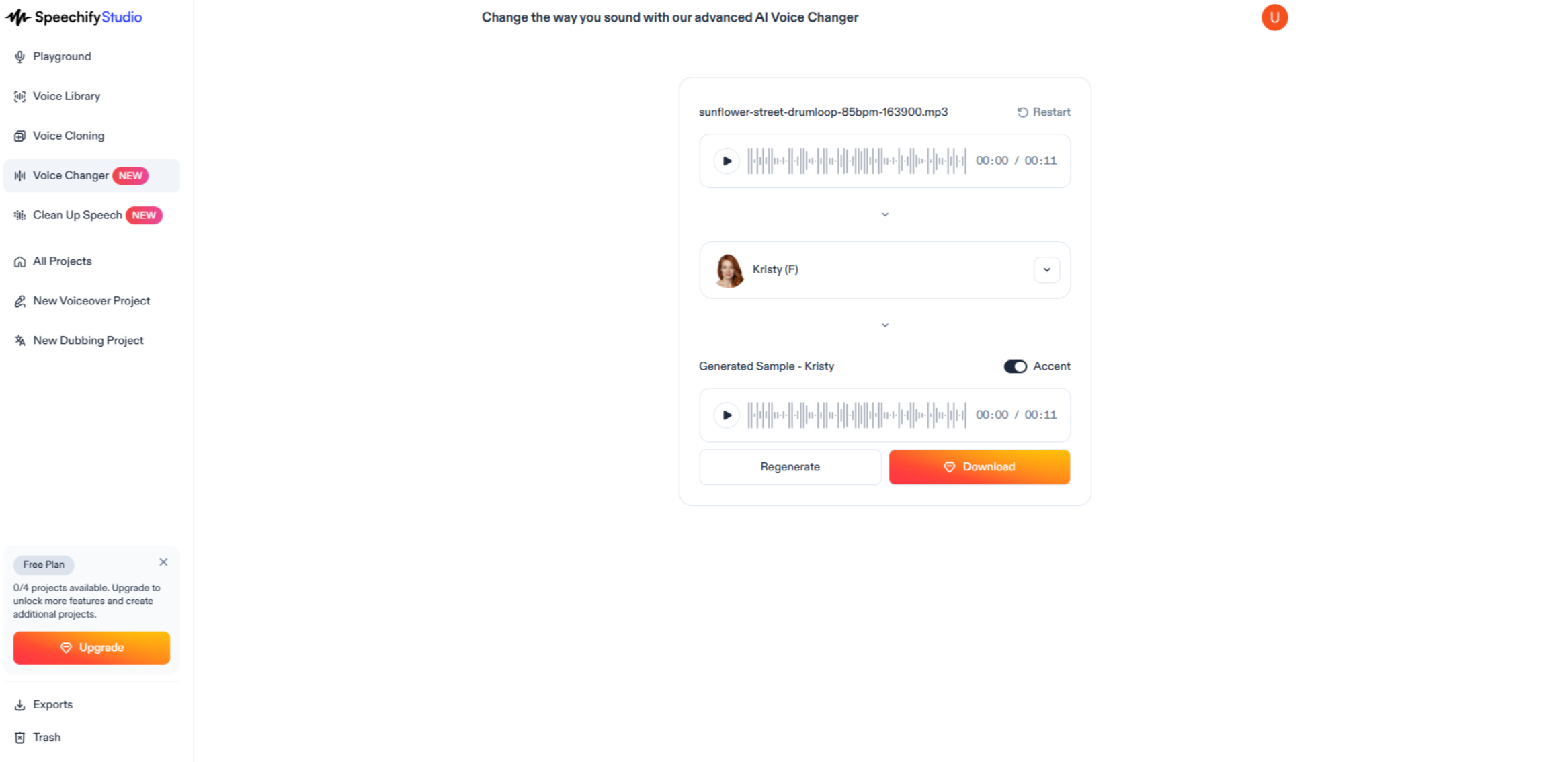 Interface of Speechify - a free girl voice changer for Discord