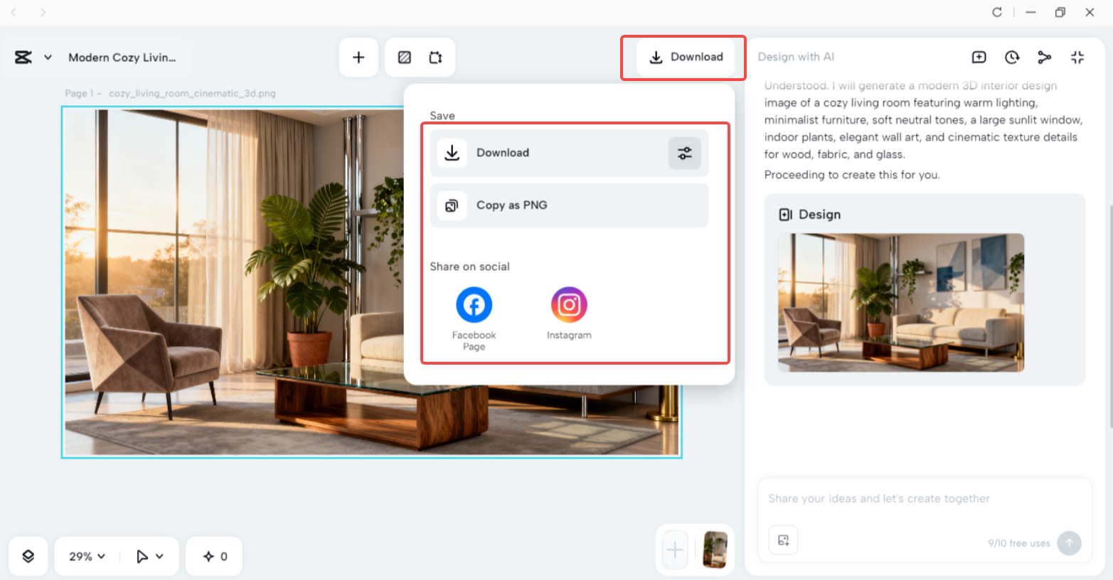 Exporting the 3D interior design in CapCut