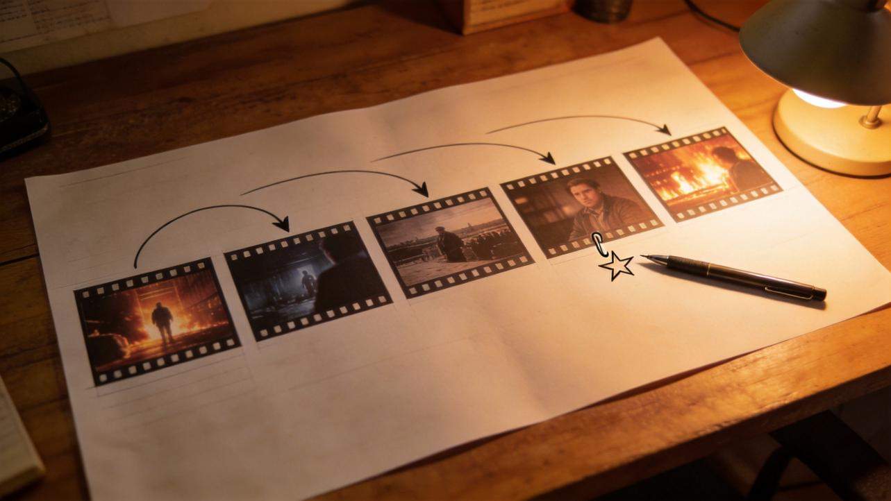 Film frames laid out in sequence with arrows showing a rough edit plan on paper