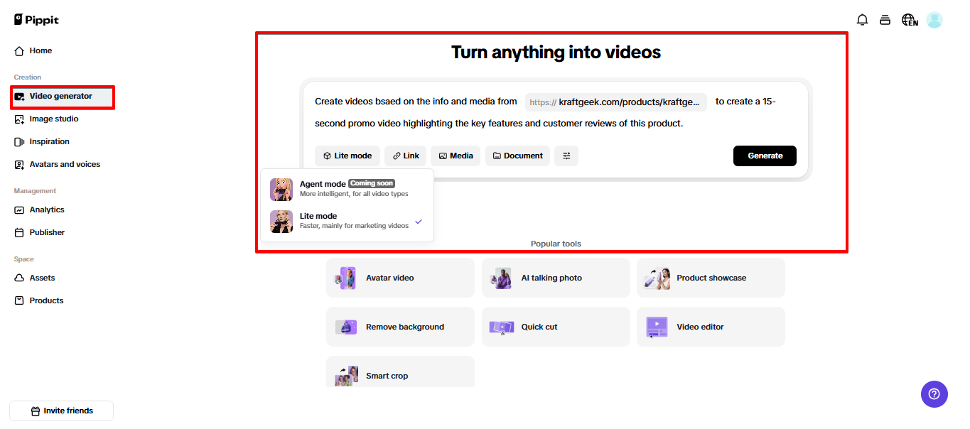 Eingabeaufforderung in Pippit eingeben